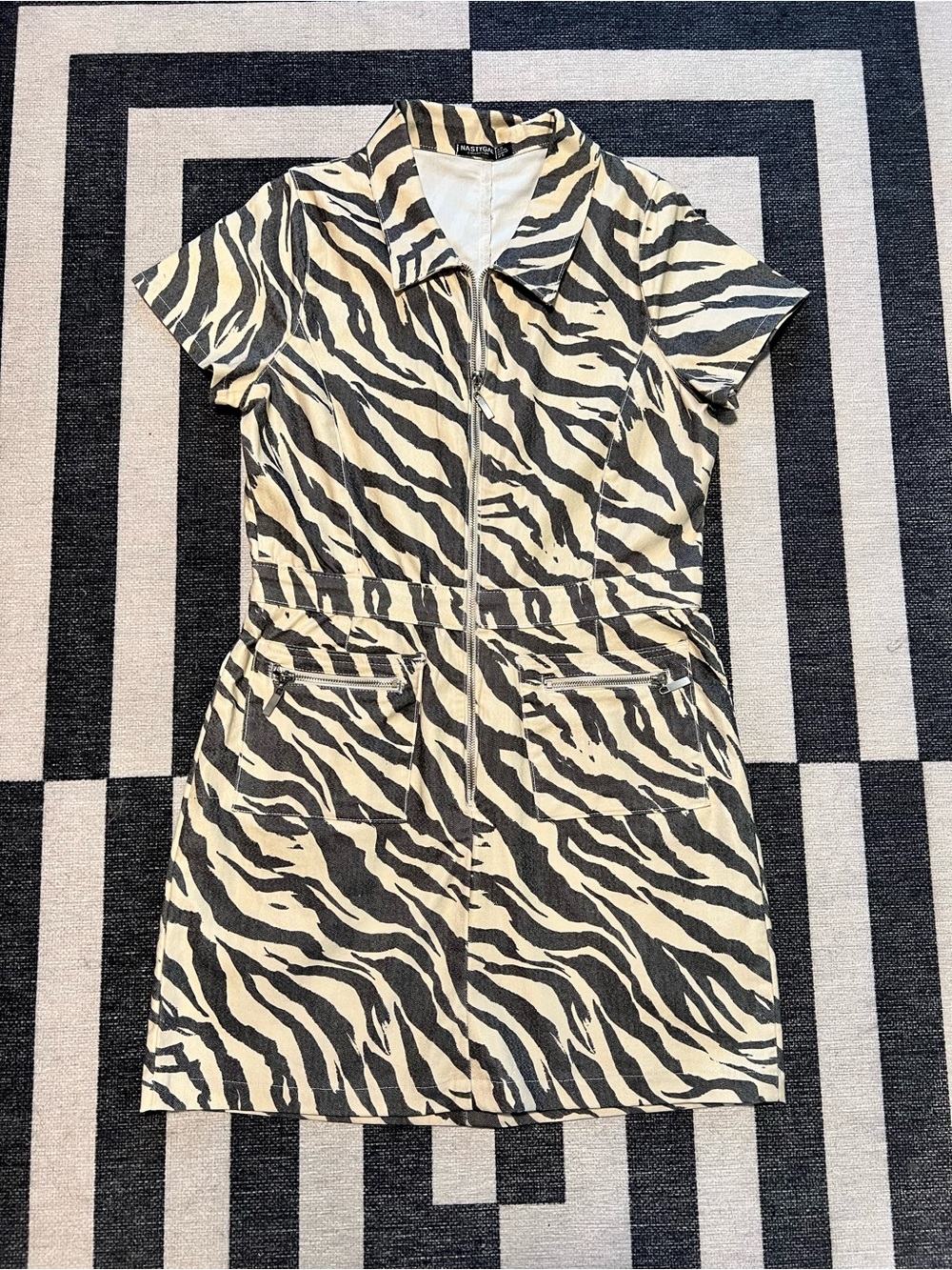 Nasty Gal Zebra Print Zip Front Dress Size 12 Retro 1980s Rock n Roll Mini Dress